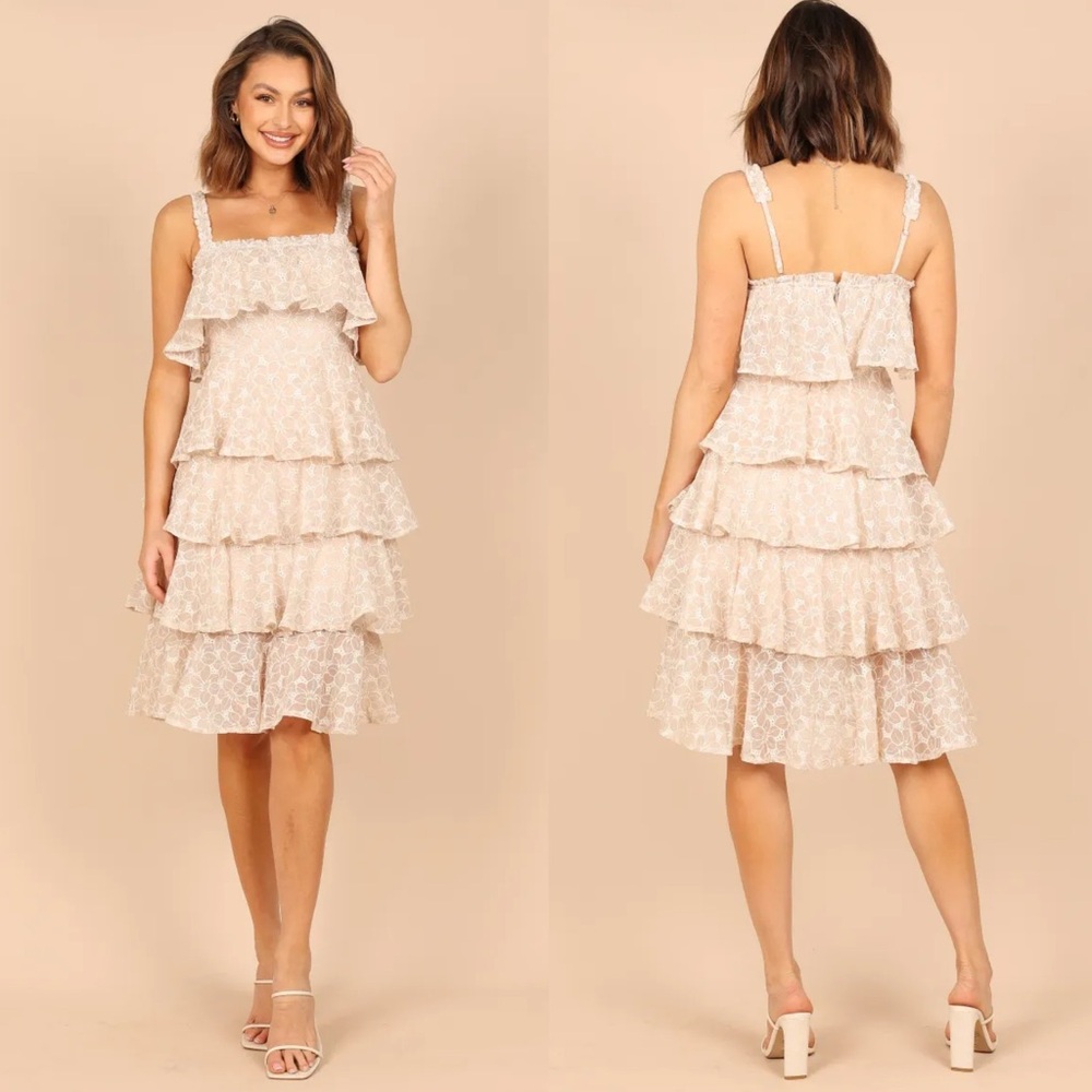 NWT Petal & Pup STORIA Whimsy Multi Tiered‎ Lace Midi Dress Cream Sz S Coquette